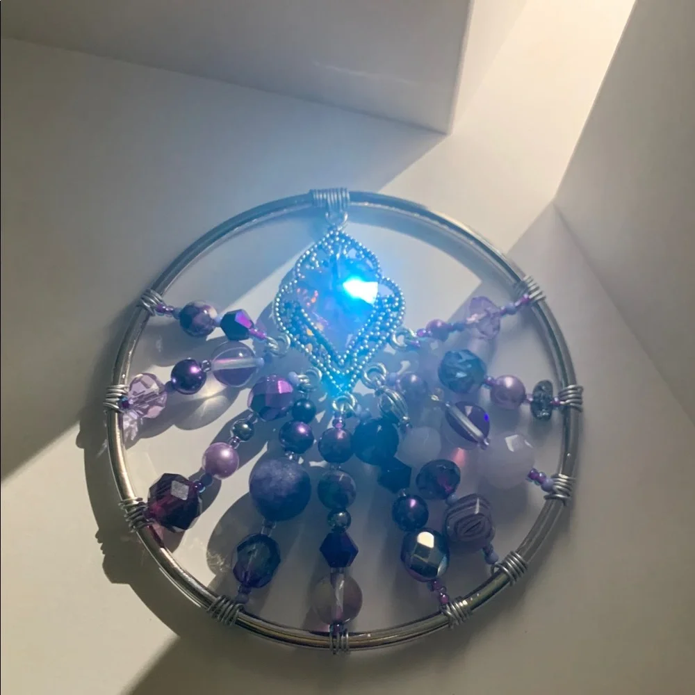 Handcrafted Silver and Purple Beaded Wire Wrapped Ornament with Hear Pendant - Picture 4 of 8